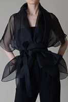 Organza Mesh Blouse for Women Stand Collar Lace-up See Through V-Neck VCasual Elegant Office Lady Half Sleeve Blouse Top - Image 4