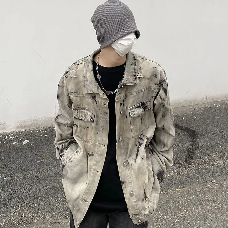 Tie Dyed Black Jacket Men's Spring and Autumn Men's Clothing Jacket Hip Hop Harajuku Street Clothing Fashion Jacket Denim Jacket