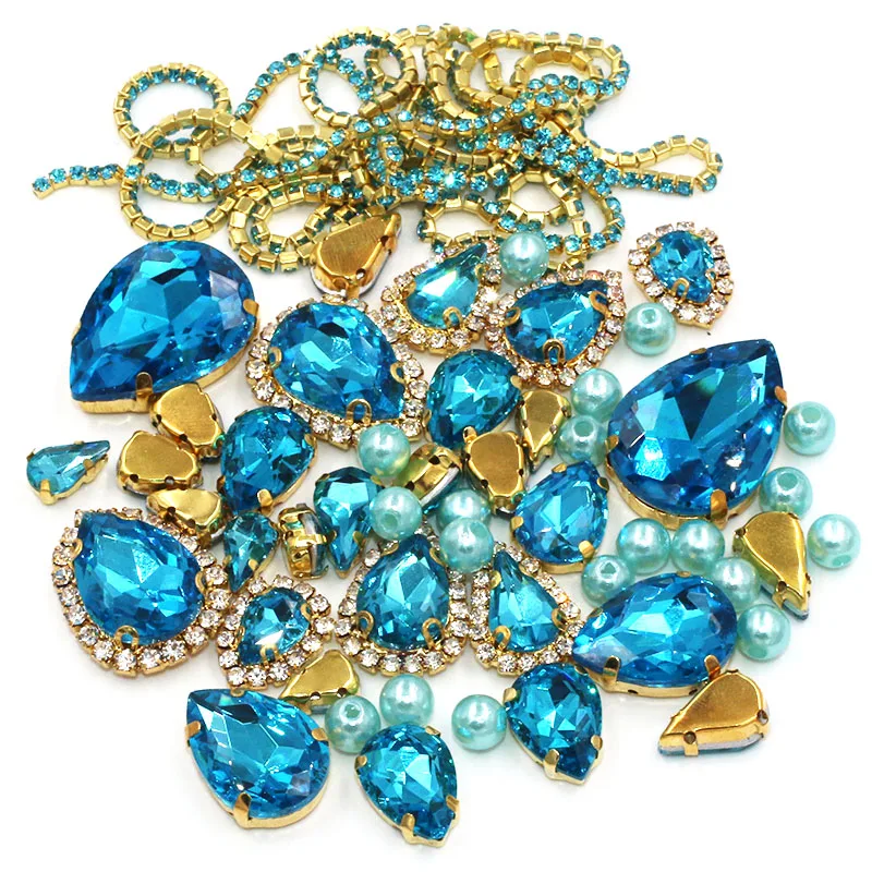 

Wholesale Lake Blue 50pcs/Bag Gold Claw Drop Mix Shape Size Crystal Rhinestones+Pearl+Cup Chain For Wedding Dress Jewelry Making