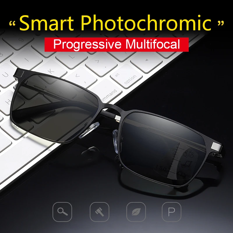

Smart Photochromic Progressive Reading Glasses Men's Multifocal Color Changing Titanium Alloy Business Glasses +1.0 To +4.0