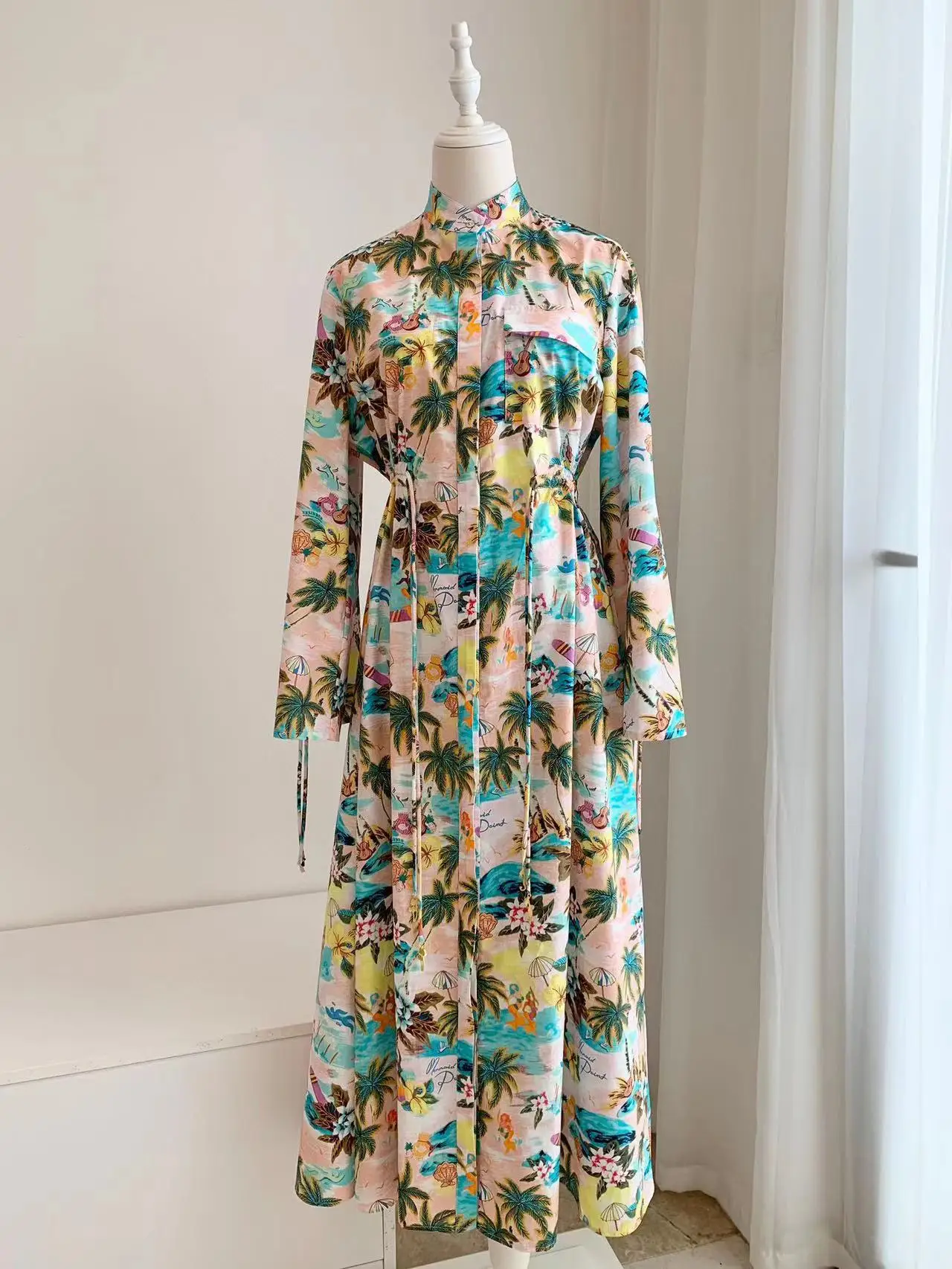 

Women's Half High Neck Printed Long Sleeve Waist Tie Cotton Midi Dresses