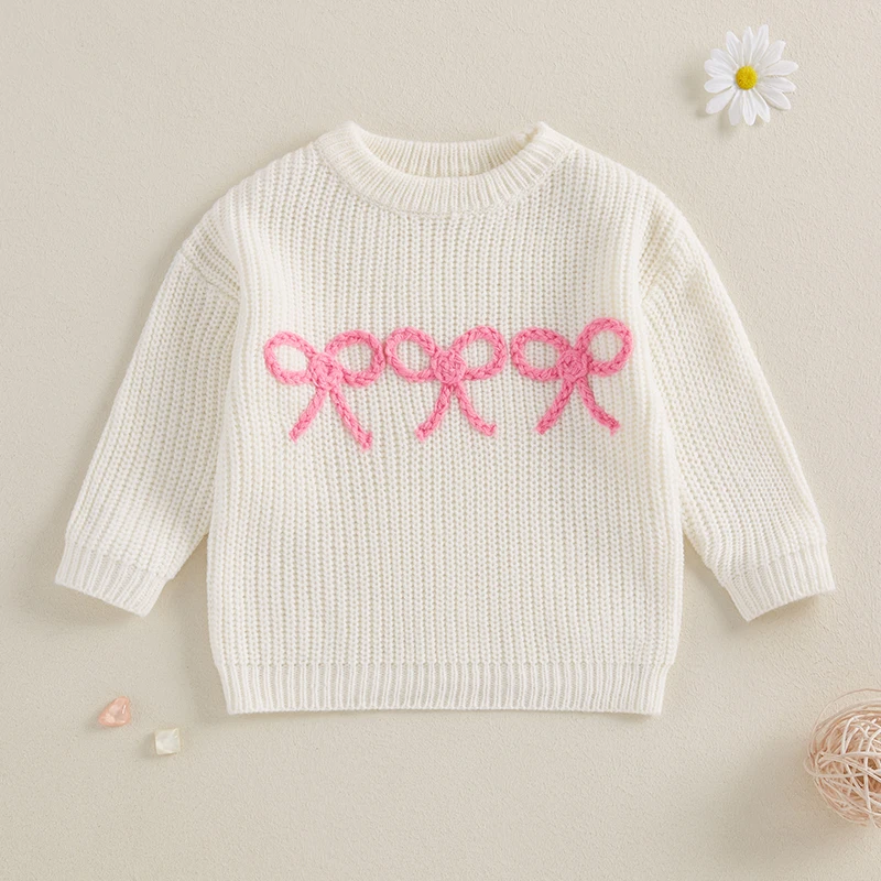 FOCUSNORM 0-7Y 5 Farben Herbst Winter Baby Mädchen Niedlichen Pullover Bowknot Stickerei Warme Gestrickte Lange Ärmel Pullover Strickwaren – Detail 3