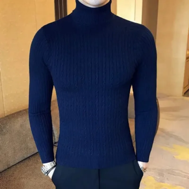 2024 Men Brand High Neck Knitted Pullover Bottoming Shirt New Arrivals Male Fashion Casual Slim Solid Color Stretch Wool Sweater
