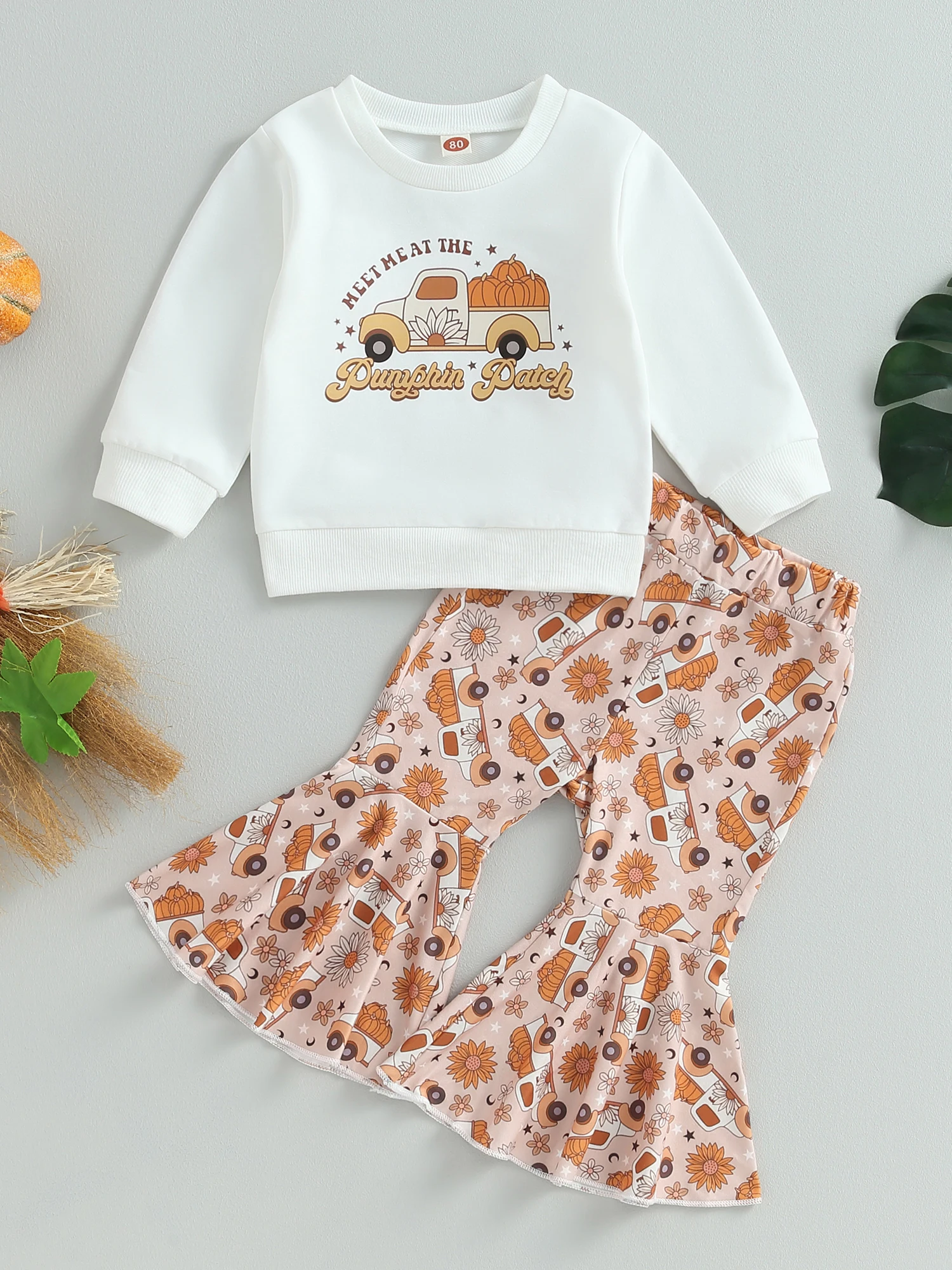 

Adorable Infant Halloween Outfit - Oversized Pumpkin Sweatshirt and Flare Pants for Baby Girls Fall Costume