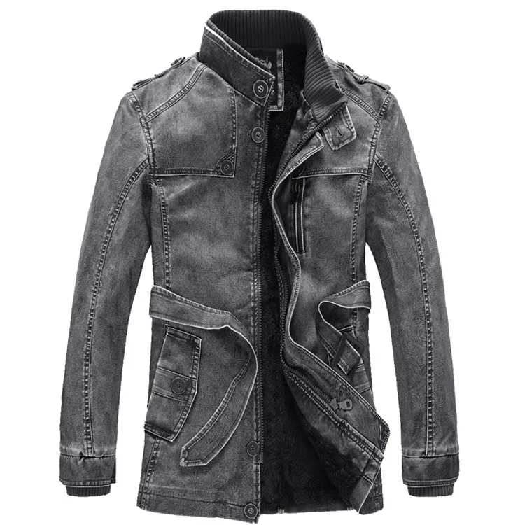 Men's Fashion Leather Long Jacket Men New Casual Vintage Blazer Winter Thick Motorcycle Biker Coat Men's Brand Design PU Jacket - 3