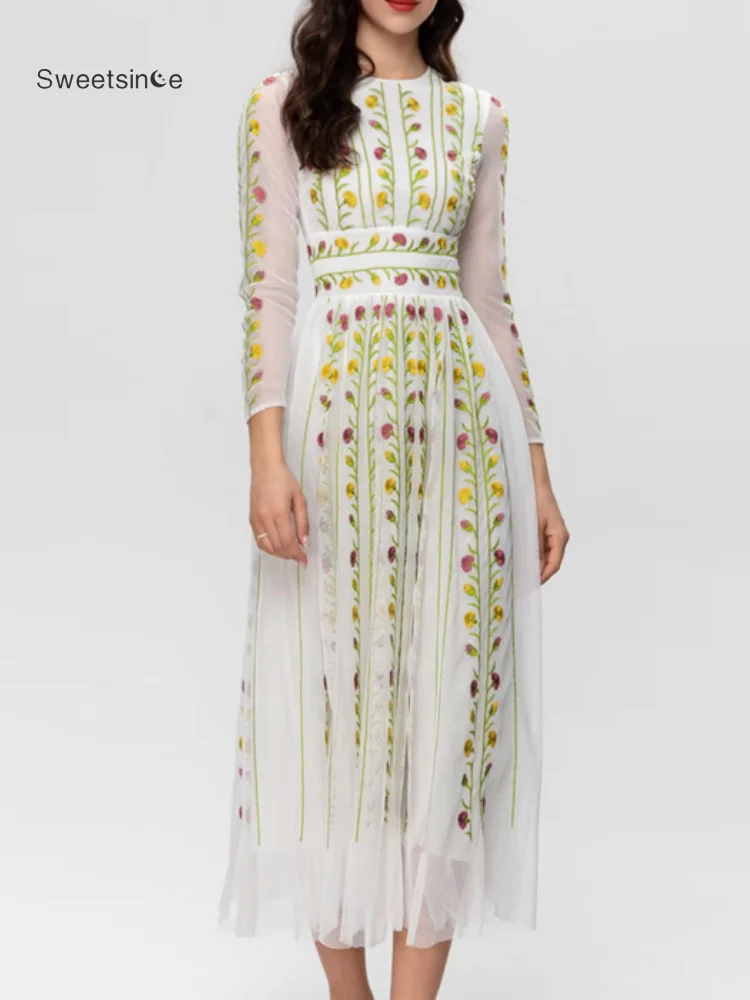 

Sweetsince 2023 Designer New Women Wear Round Neck Long Sleeve Tulle Embroidery Slim Fit Mid-length Dress Spring Summer White