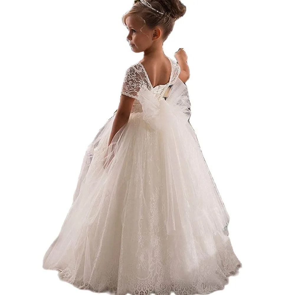 

New Flower Girl Dress For Wedding White/Ivory Appliques Ball Gown Short Sleeves O-neck First Communion Gowns Vestidos Longo