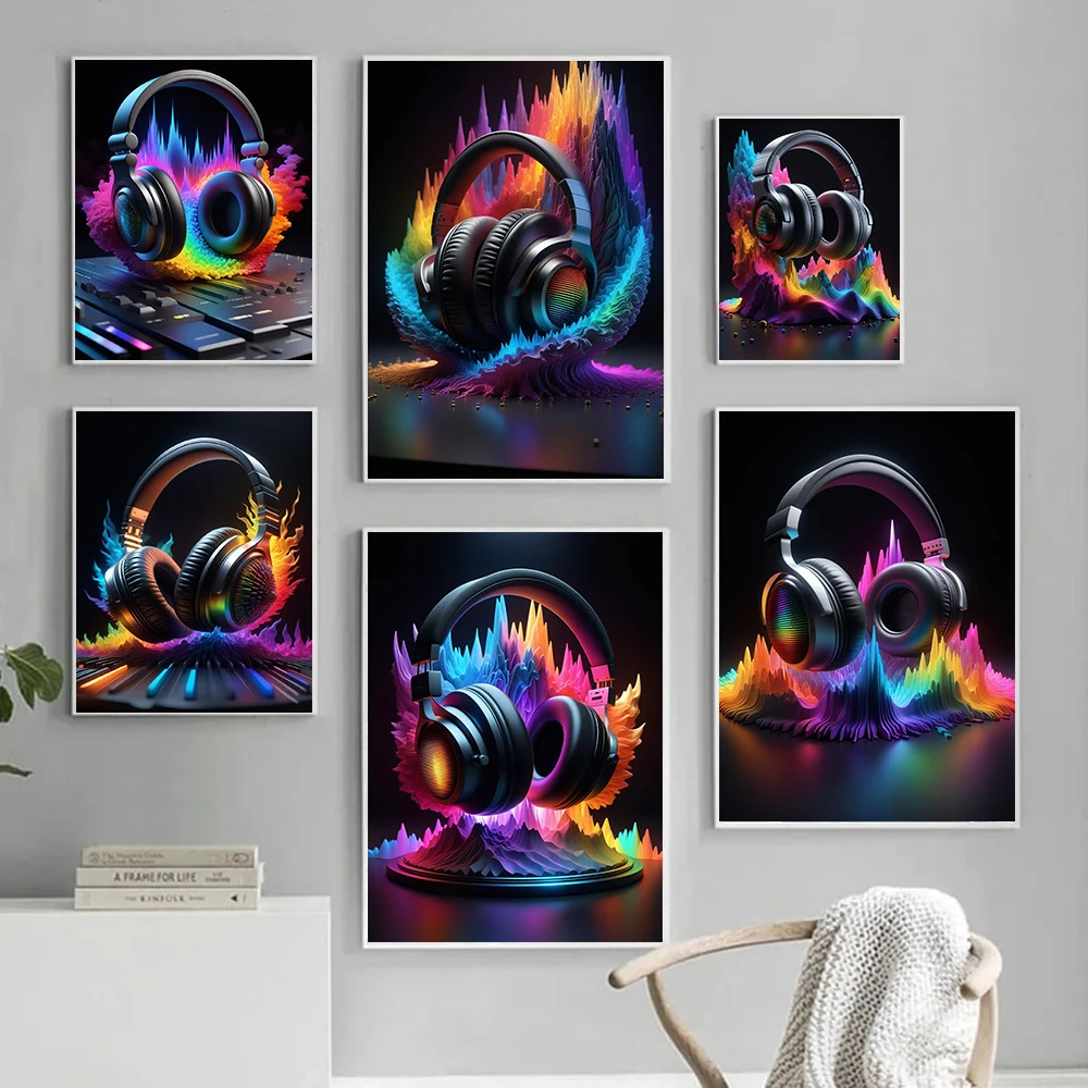Creative Pop Punk Music Dj Music Headphones Art Poster Print Colorful Gaming Headphones Canvas Painting Game Room Bar Home Decor