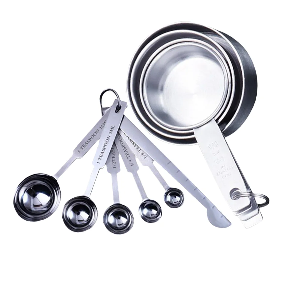 

2 Set Stainless Steel Measuring Cups and Spoon Set Kitchen Cooking Accessory 5 Measuring Cup and 6 Seasoning Spoons with Ruler