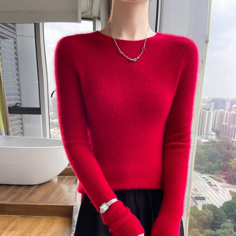 Women's O-neck solid color autumn and winter sweater thick pullover 100% cashmere soft and slim Korean popular clothes tops. 6