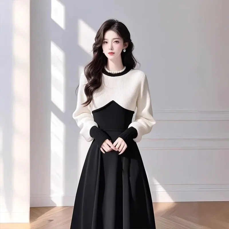 فستان أنيق أسود على الطراز الفرنسي بأكمام طويلة، تنورة ميدي عصرية للتخسيس للنساء، رقبة دائرية وأكمام طويلة، طول الركبة