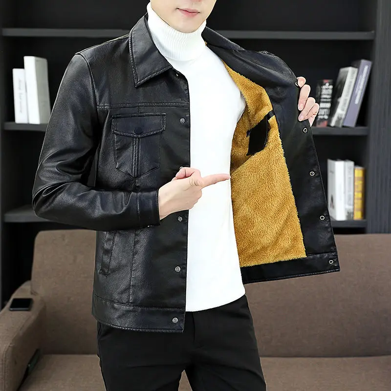 2024 New Style Leather Men's New Lapel Handsome Casual Thin Plus Fleece Coat Young Slim Korean Wear Fashion Trend Zipper Jacket 2