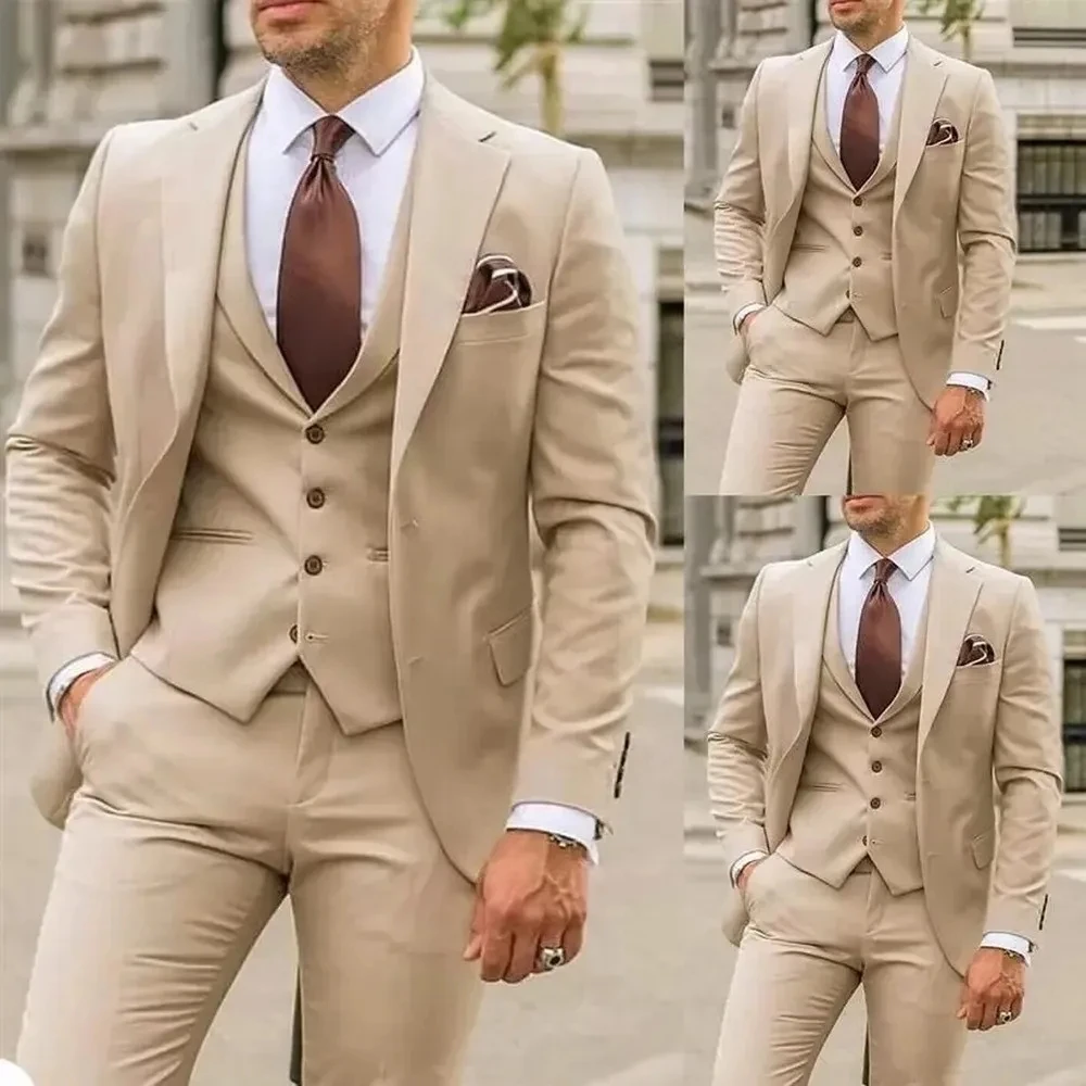 

New Khaki Male Formal Occasion Tuxedos Men Business Suit Groom Groomsman Wedding Party Prom 3 Piece Set Jacket Vest Pants