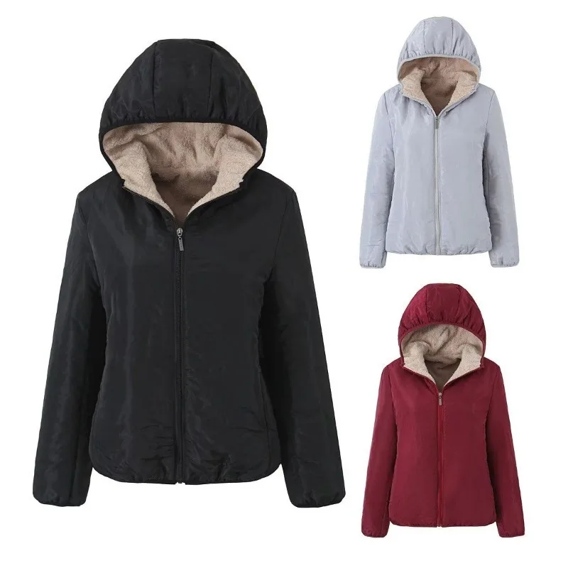 

2023 Autumn Winter Casual Women Solid Hooded Cotton Jacket Fashion Thick Warm Fur Padded Coats Loose Zipper Female Outwear Tops