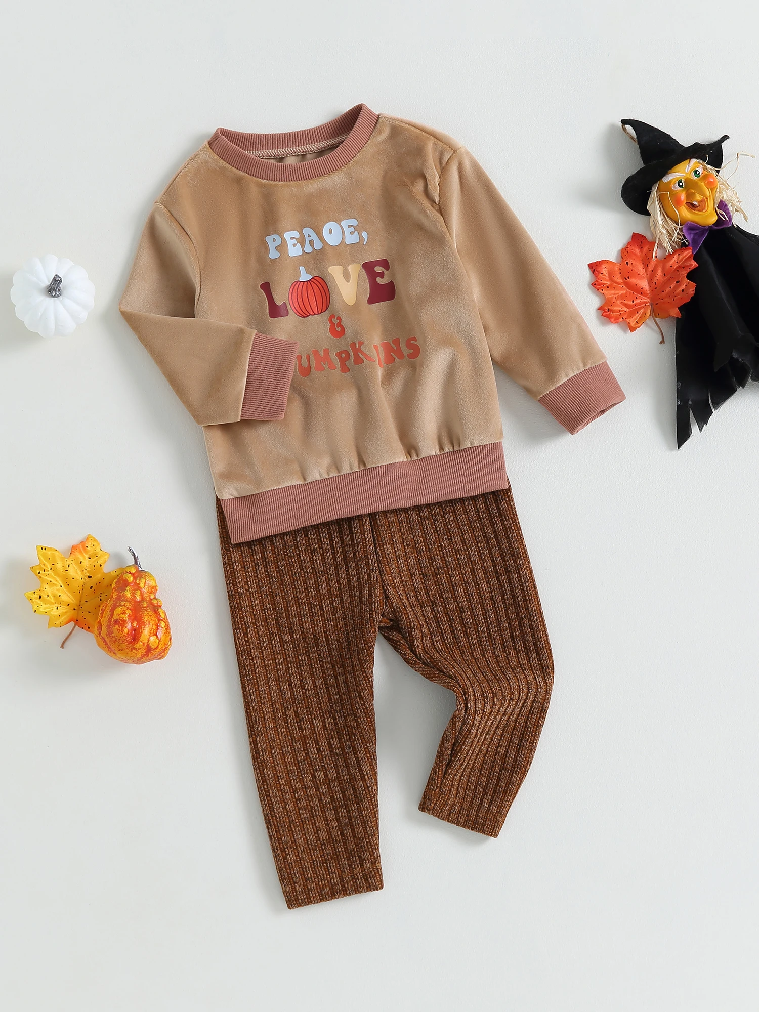 

Toddler Baby Boy Halloween Outfit Newborn Infant Oversized Sweatshirt Top Soild Color Knitted Pants Pumpkin Sets (Brown 12-18