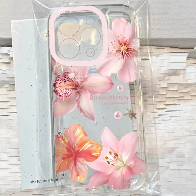 Pink Lily Flower Pattern Transparent Phone Case