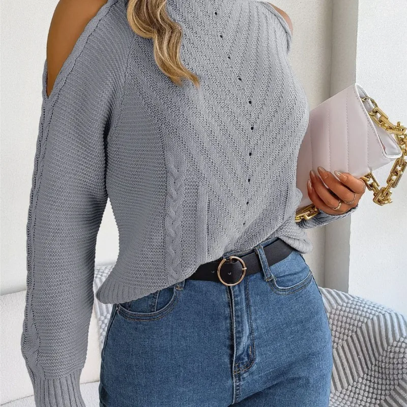 

2023 Autumn/Winter Casual Off Shoulder High Neck Sleeves with Hollow Holes Personalized Long Sleeve Knitted Pullover Sweater