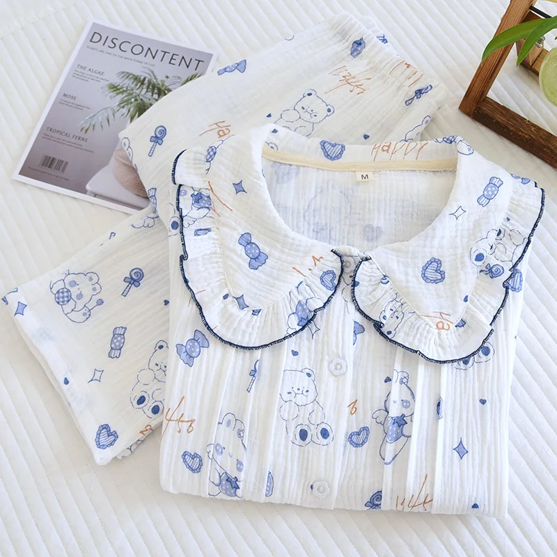 

Sweet Sleep Suit for Female Princess Print Cartoon Pajamas Set Doll Collar 2Pcs Home Clothes Summer Autumn Sleepwear Nightwear