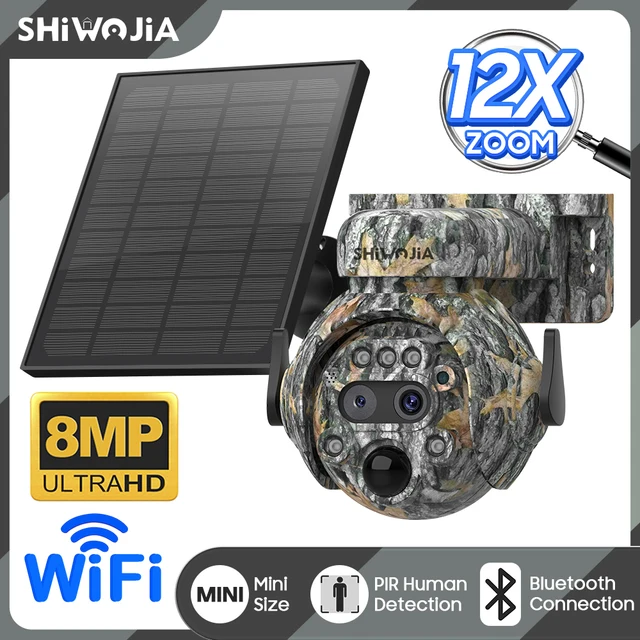 SHIWOJIA 4K 8MP WIFI Solar Powered Camera 4G SIM 12X ZOOM Outdoor 360° View Animal Monitoring Solar Battery Hunting PTZ Cameras 1