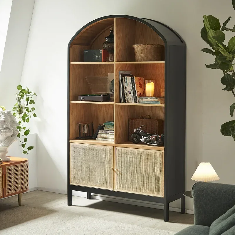 

American rattan double-door bookshelf floor-to-floor multi-layer book art storage rack black solid wood large-capacity bookcase