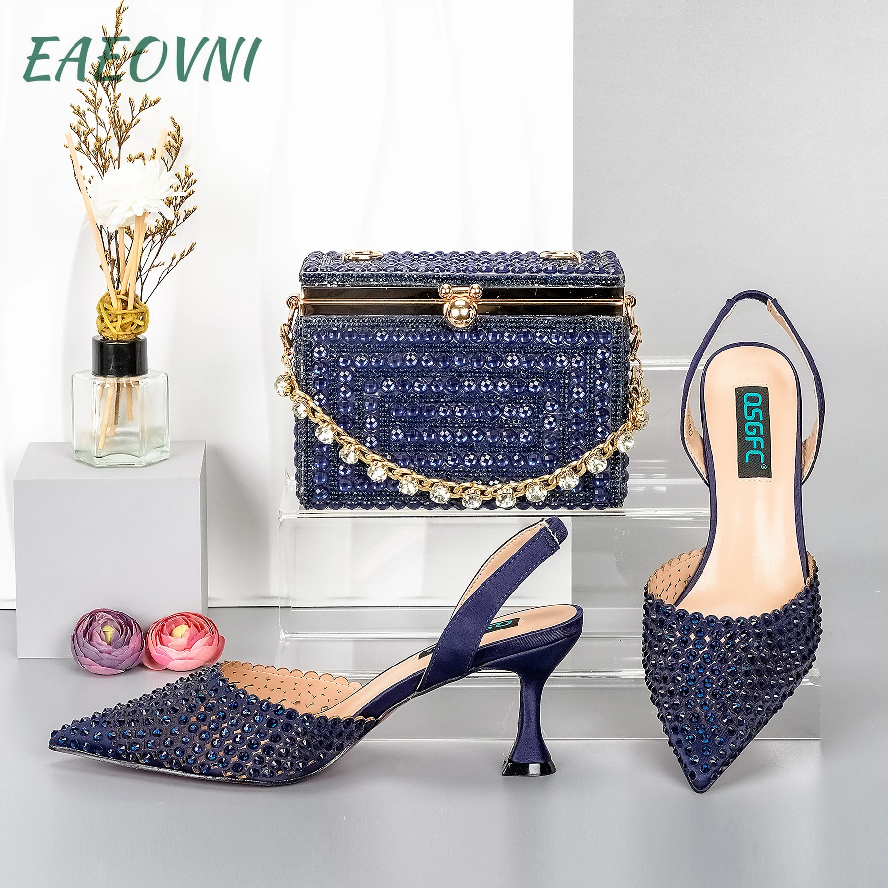 

Italian Fashion Design Navy Blue Cosmetic Box Bag With Pointed Stiletto Shoes Noble And Generous Decoration Full Of Diamonds