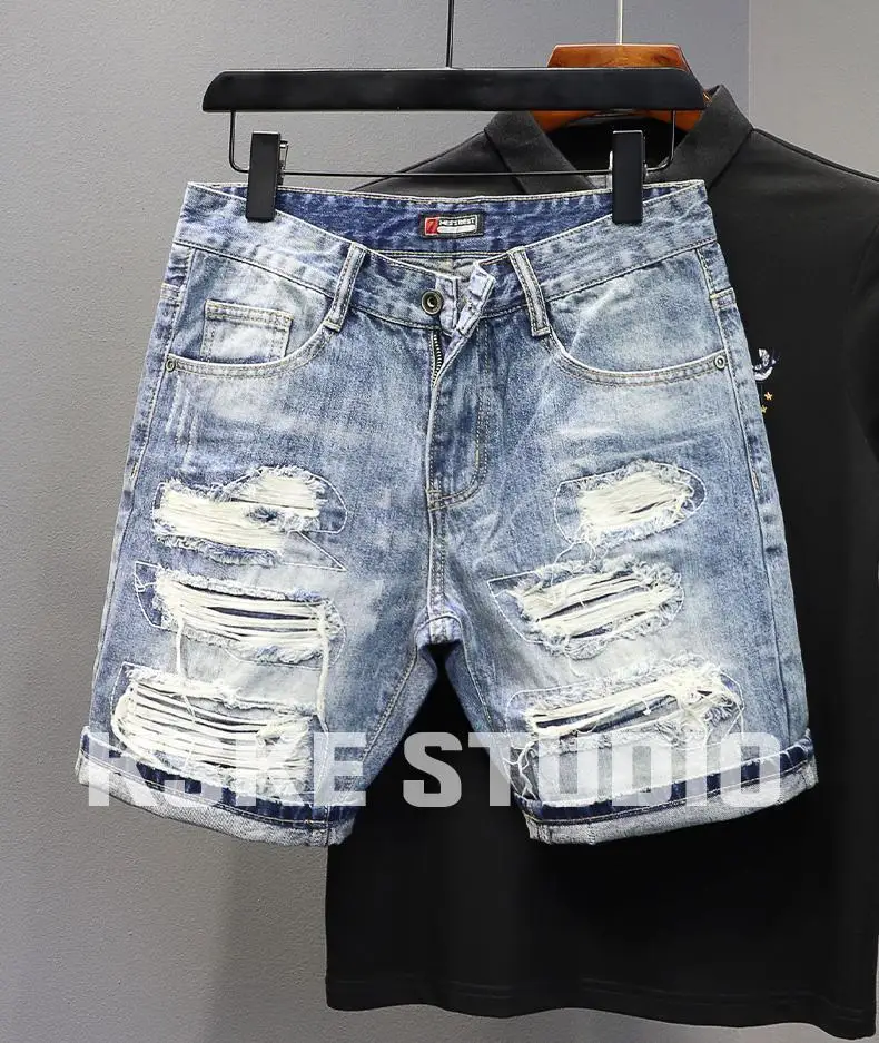 Denim Shorts 2025 Men's Summer Thin Ripped Patch Beggar Pants Cat Whisker Needle Sewing Slim Small Feet Short Jean Medium Pants