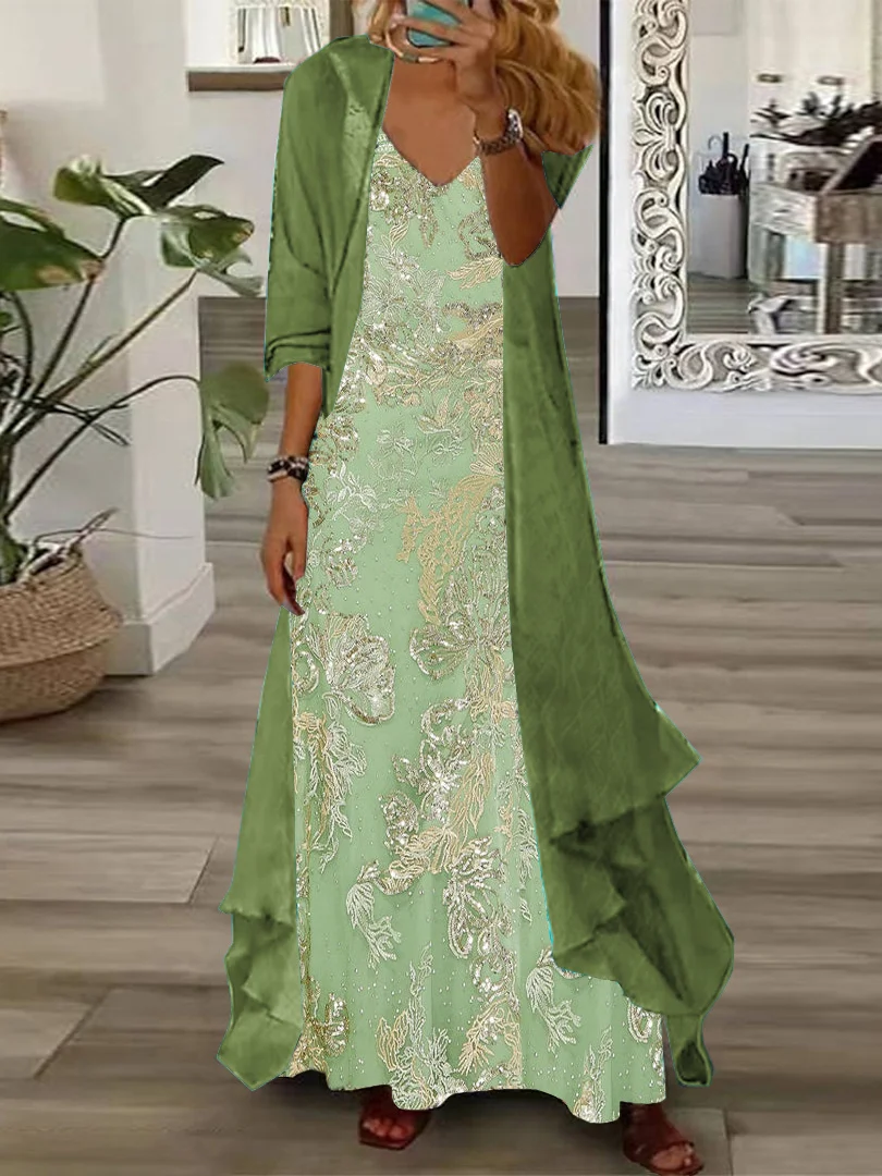 

Nyfairy Charming plus size women's summer long sleeve v-neck graphic print maxi dress set