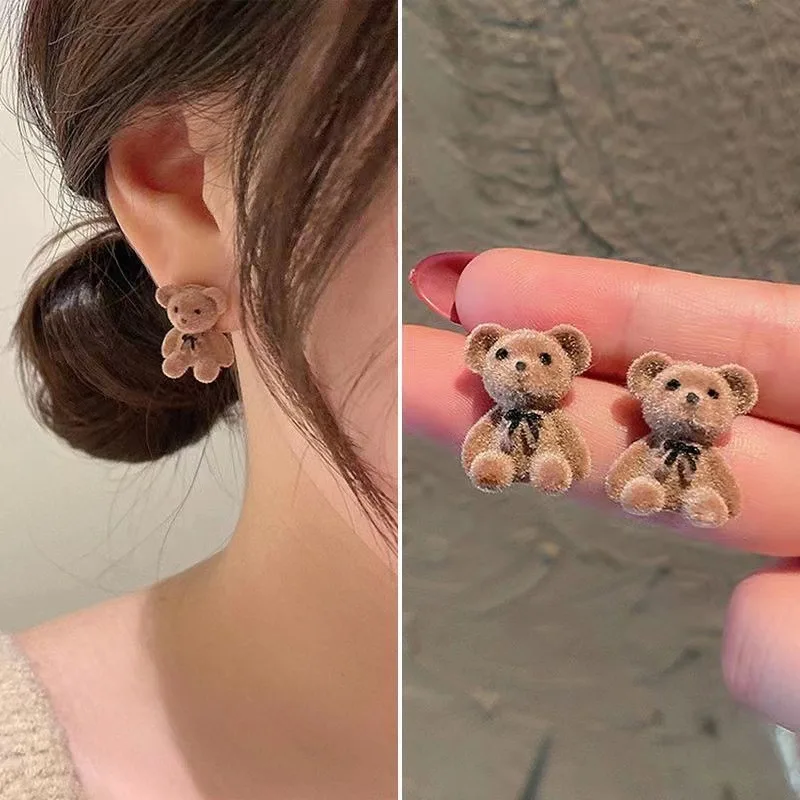 Cute Flocking Plush Bear Stud Earrings Kawaii Animal Earrings for Women Girls Korean Earring Jewelry stud earrings