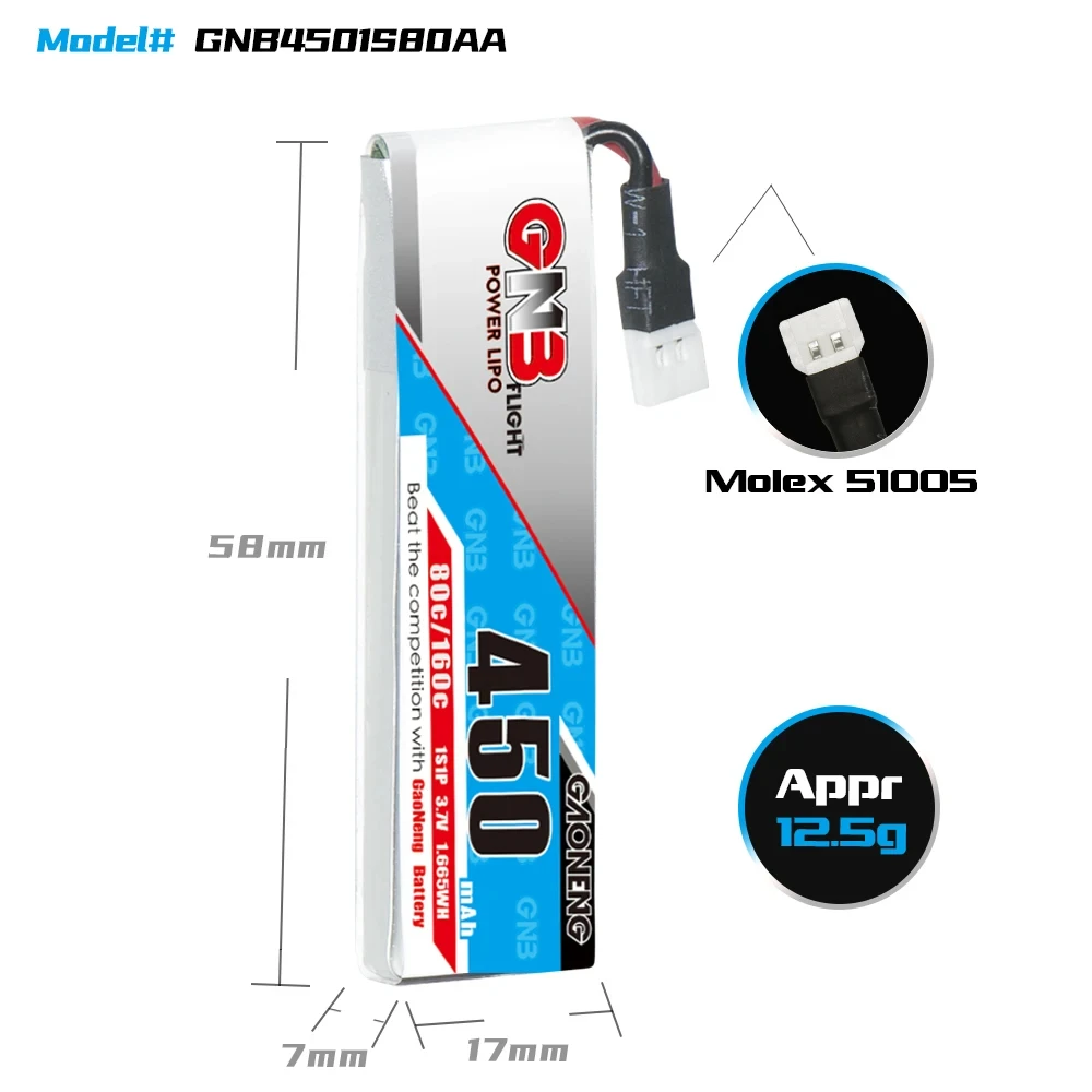 Batterie LiPo 3.8V 300mAh PH2.0 pour Tinyhawk Whoop tenue dans une main, illustrant sa taille compacte.