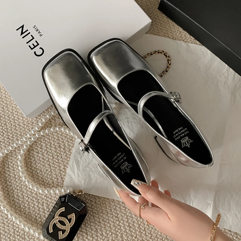 

2023 new spring women pumps natural leather 22-24.5cm length cowhide+sheepskin full leather square toe Buckle Mary Jane shoes
