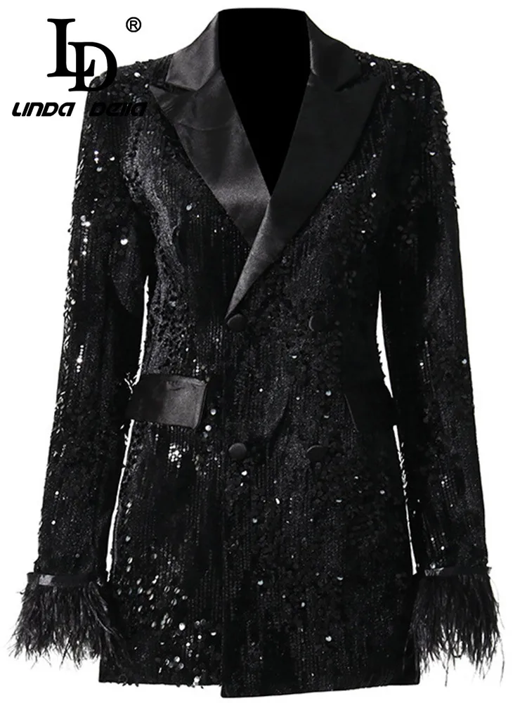 

LD LINDA DELLA Autumn winter Vintage Designer Coat Women's Black Splice woolen long sleeve Heavy Sequins Single-breasted Coat