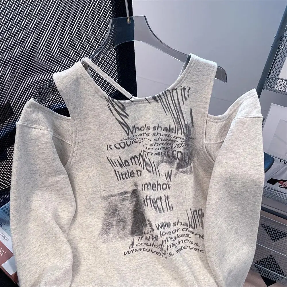 American Letter Print off Shoulder Long sleeve Gray Hoodie Women Spring and Autumn Design Sense Niche Loose Idle Sle Top