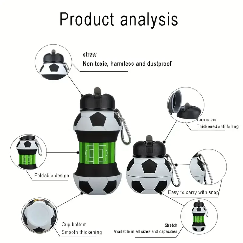 Folding Football Water Bottle, Silicone Sports Water Cup, Outdoor Sports Bottle, Supports Batch Customization
