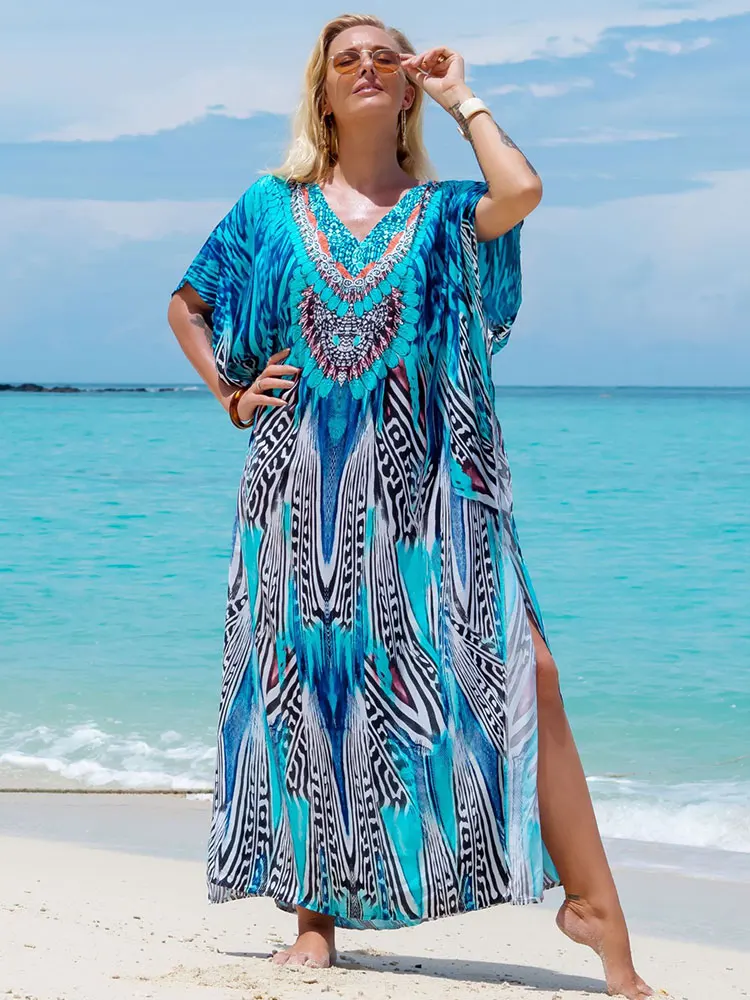 Bohemian Seaside Plus Size Print Kaftan Maxi Dress V Neck Slit Loose Robe Women Summer Beachwear Swimsuit Cover-ups Q1415 swimsuit cover up swimsuit coverup beach suit