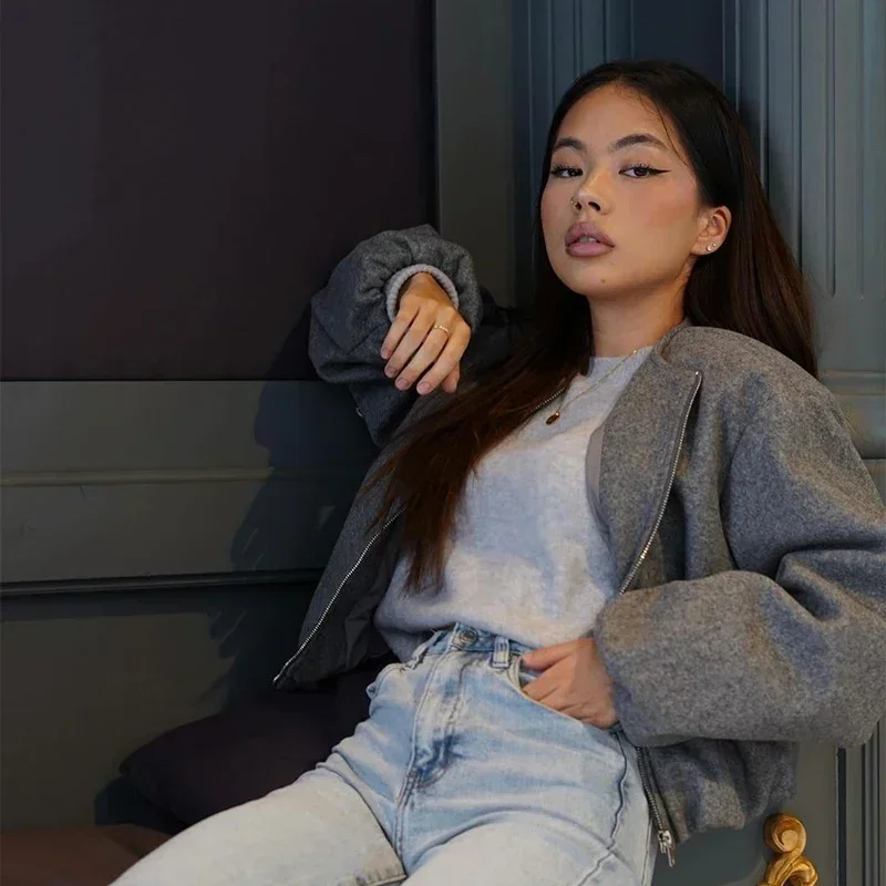 Retro Solid Woolen Women's Bomber Jacket Long Lantern Sleeves Pockets O-neck Loose Female Coat Autumn High Street Outwears