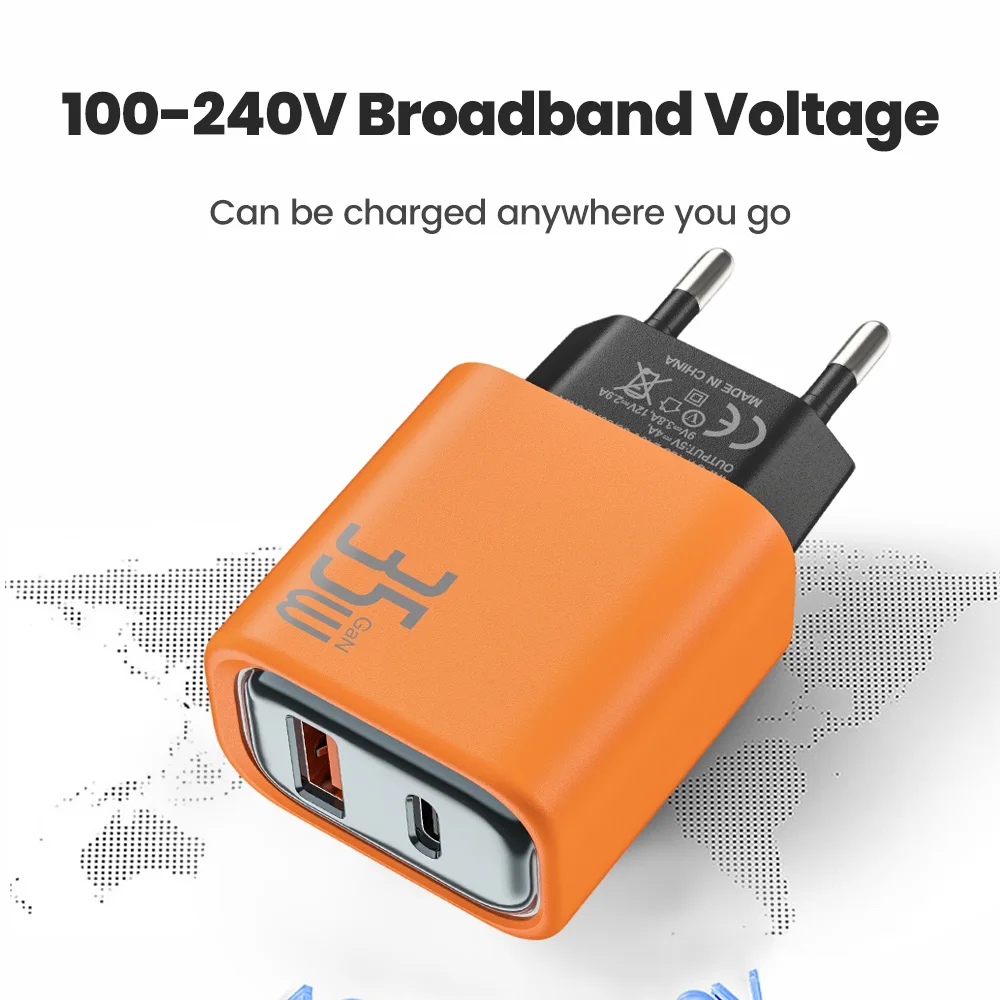 Dual-Port 35W Fast USB Wall Charger with USB-C and QC3.0 Technology