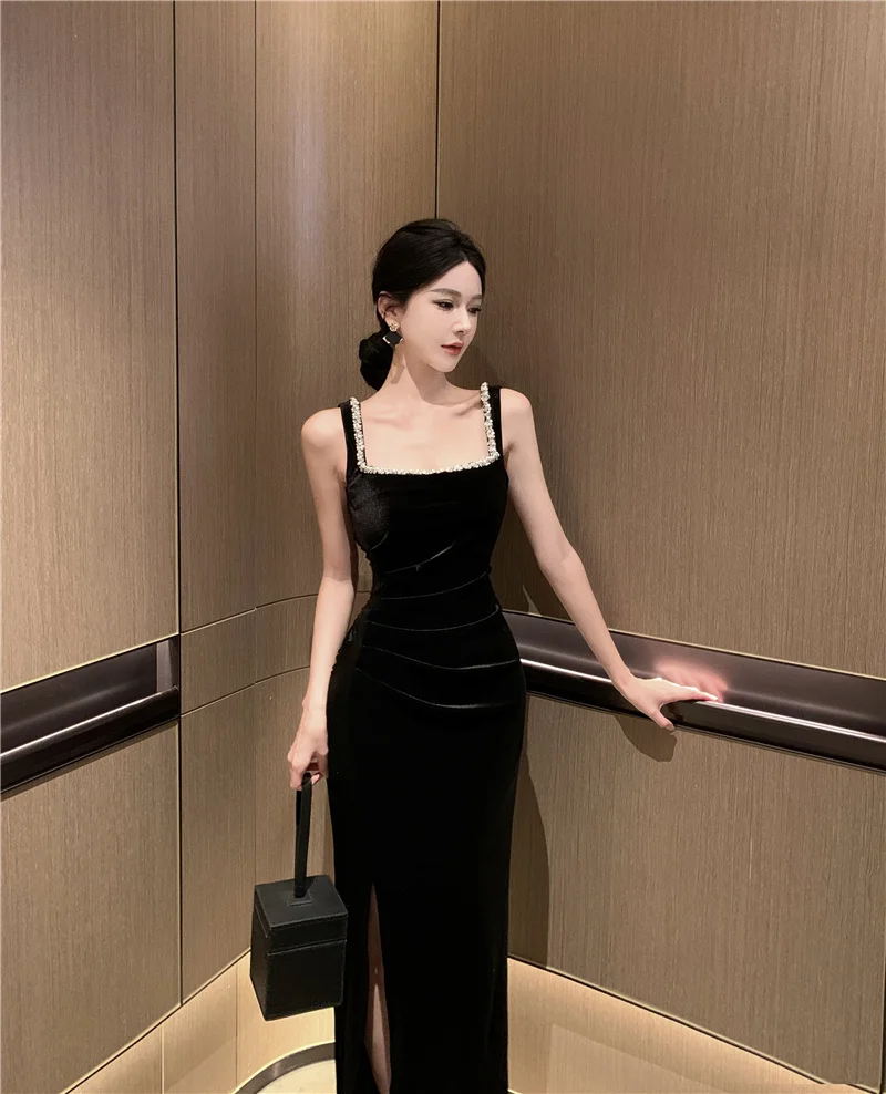 Elegant Bodycon Sleeveless Black Velvet Dresses for Women Diamonds High Slit Evening Party Dress Prom Robe One Piece Vestido New