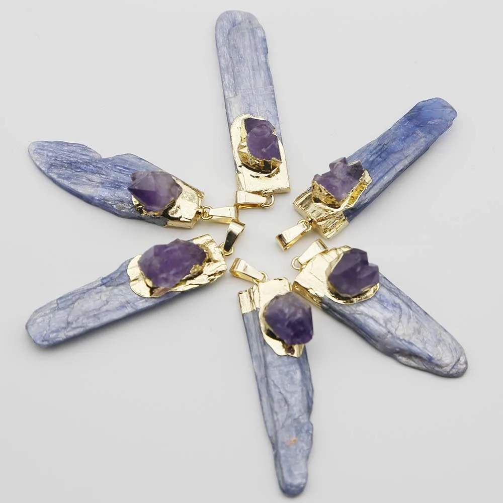 Natural Stone Blue Crystal Irregular Strip Necklace Pendants Amethyst Gold Plated Fashion Diy Jewelry Accessories Wholesale 8Pcs