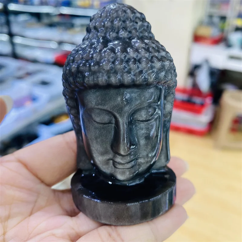 

Natural Obsidian Buddha Head Figurine Hand Carved Quartz Crystal Sakyamuni Figurine Feng Shui Crafts Healing Crystal Home 1pcs