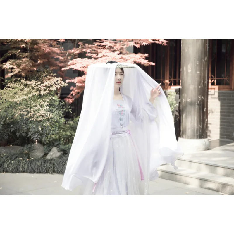 White Flower Bamboo Hat Women Hanfu Accessories Display White Antique Sunscreen Veil Bamboo Hat Curtain Cosplay Head Umbrella