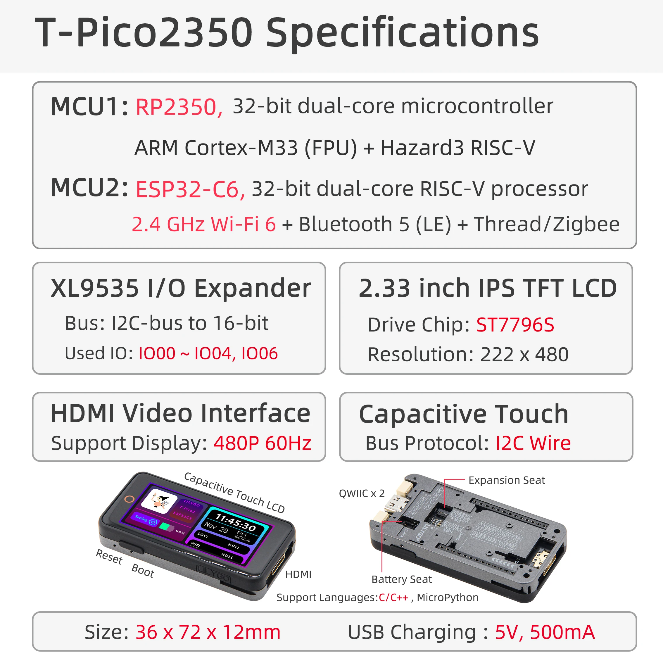 ® T-Pico-2350 RP2350 & ESP32-C6 Development Board Onboard 2.33 inch LCD Touch Di