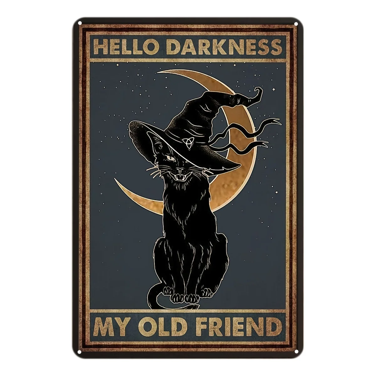 

Black Cat Witch Halloween Hello Darkness My Old Friend Decor Metal Sign Hanging Retro Plaque Kitchen Cafe Bar Pub Store 8x12In