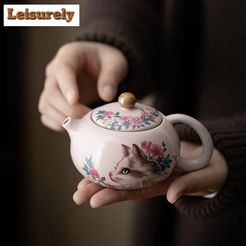 Pink Ru Kiln Flower Cat Teapot Retro Tea Infuser Pot Tea Maker Kettle With Filter Chinese Tea Cha Supplies Collection Teaware