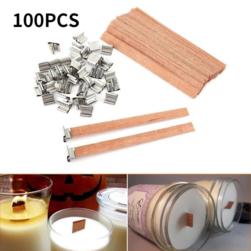 

100PCS Wood Candle Wicks with Iron Stand Candle Cores Natural Environmental Friendly Wick for Candle Making and Candle DIY Craft