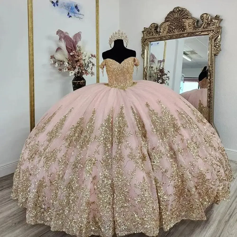 Pink Ball Gown Quinceanera Dresses Shiny Gold Appliques Lace-up Floor  Length | eBay
