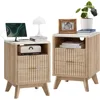 Fluted Nightstand Set of 2 with Charging Station, 18" Modern Side Table with Faux Marble Top, 2 Drawer End Table w/Storage, Bed 1