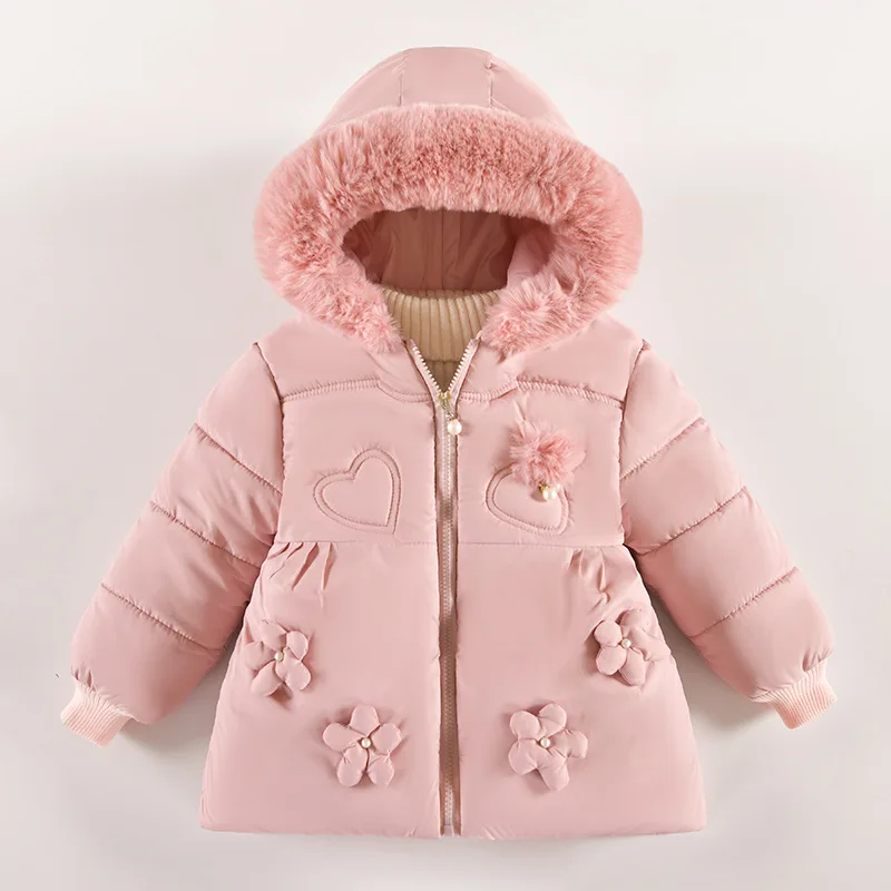 

Fashion Warm Winter Girls Jacket Fur Collar Plush Lining Heavy Hooded Kids Coat Baby Outerwear Toddler Winter Overalls For Child