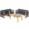 Outdoor Acacia Wood Furniture Set Loveseat Sofa 2 Single Chairs Coffee Table 4 Piece Conversation Set Grey with Cushions 1