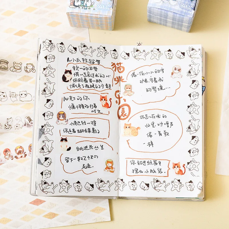 5롤/가방 귀여운 고양이 패턴 와시 테이프 세트, 크리 에이 티브 고양이 패턴 DIY 매뉴얼 및 스크랩북 장식 테이프