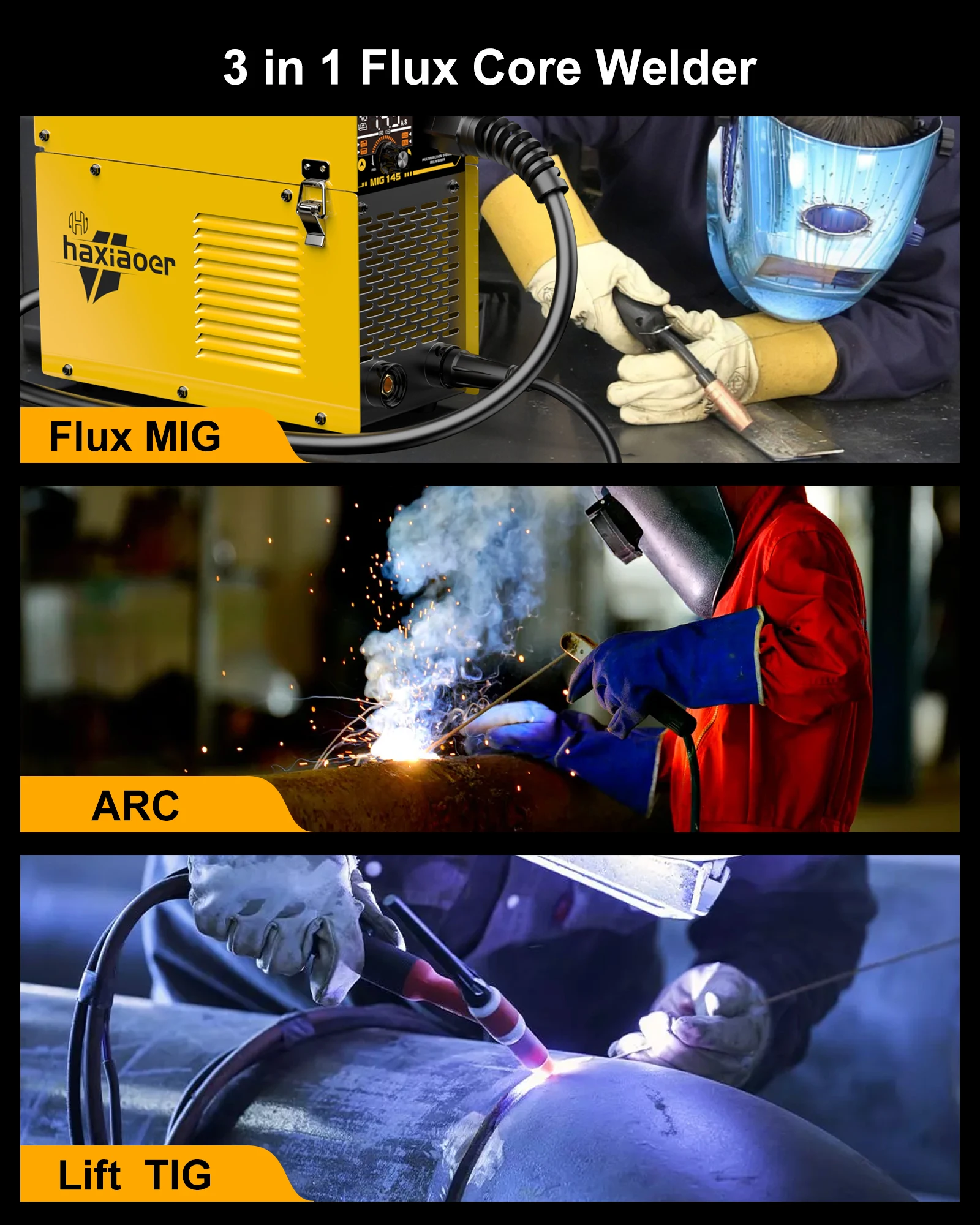 Haxiaoer MIG145 120A 110v Welding Machine MMA/GASLESS MIG TIG Welder Flux Core Welder for Carbon Steel Stainless Steel 5